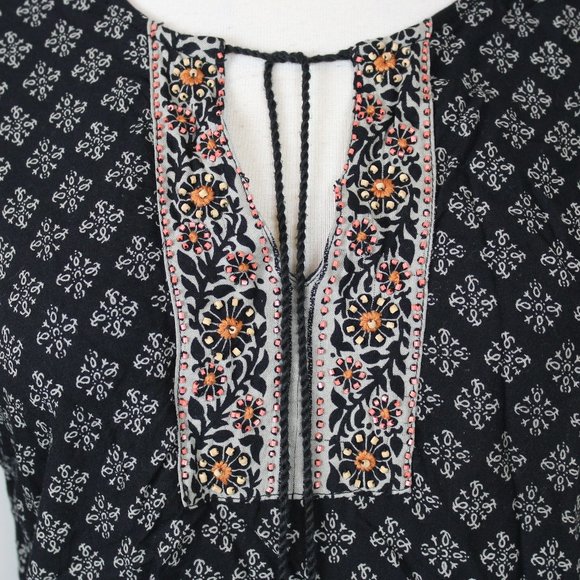 Lucky Brand Black Boho Print Beaded Tunic Blouse Top - Picture 3 of 8